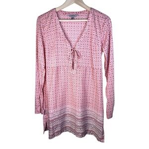 ATHLETA Coverup Top Women Paisley Floral Tunic‎ Red Pink Tie Neck Size Small
